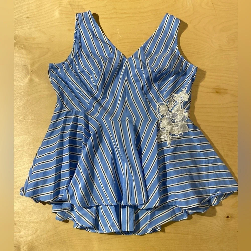 Lane Bryant Blue and White Striped Blouse with Floral Lace 18P (OS)